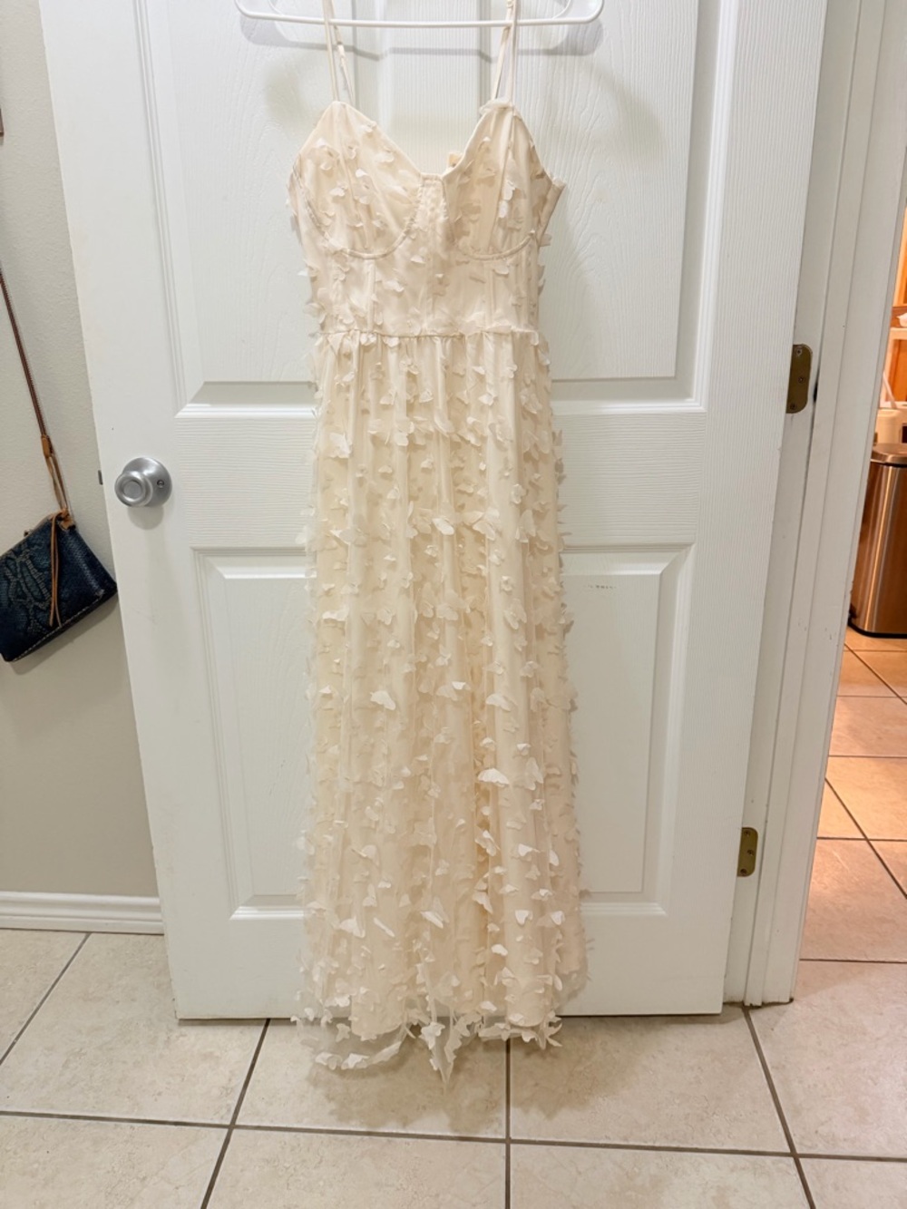 Thirty-Thirty Ivory Floral Appliqué Spaghetti Strap Gown